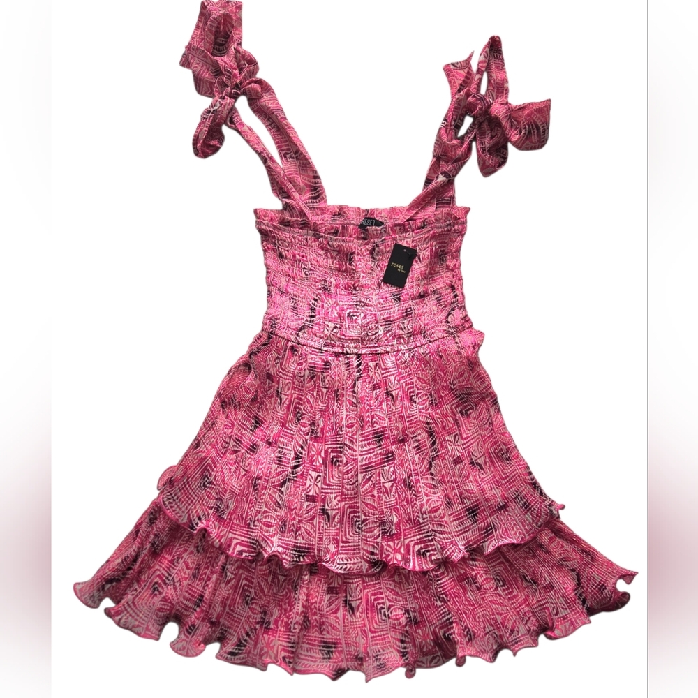 Reset By Jane Pink Smocked Babydoll Ruffle Mini Dress Medium NWT